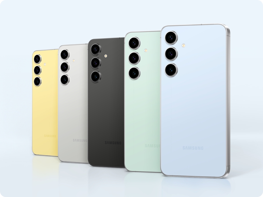 Cinci dispozitive Galaxy S24 FE în Yellow, Gray, Graphite, Mint și Blue sunt în poziție verticală, prezentând partea din spate. Dispozitivele sunt vizualizate din spate, suprapuse unul peste celălalt.